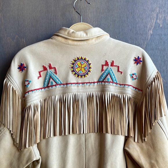 Vintage Ralph Lauren Country Beaded Fringe Tan Leather Jacket M - Picture 6 of 7
